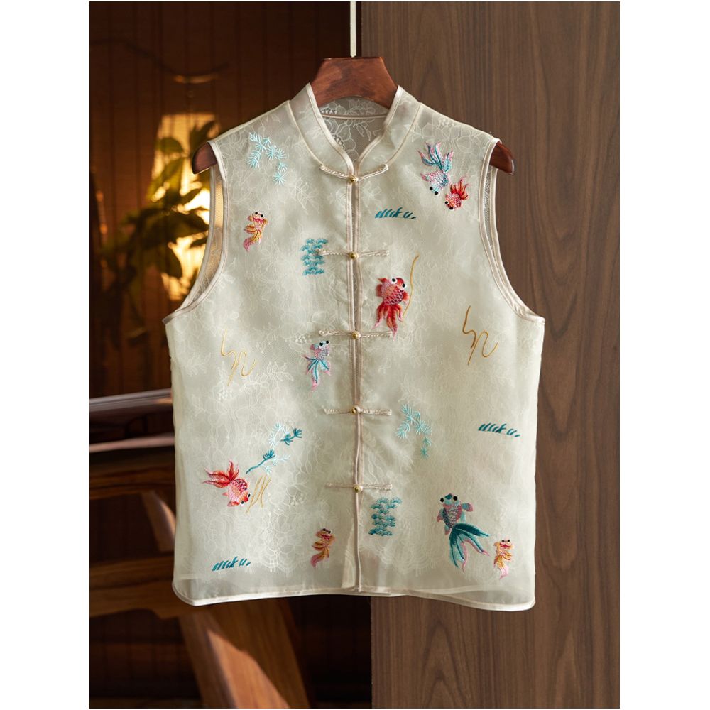 Silk organza vest vest high end women s summer new style light retro national style embroidery new Chinese style top image 2