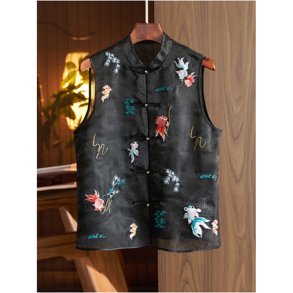 Silk organza vest vest high end women s summer new style light retro national style embroidery new Chinese style top image 3