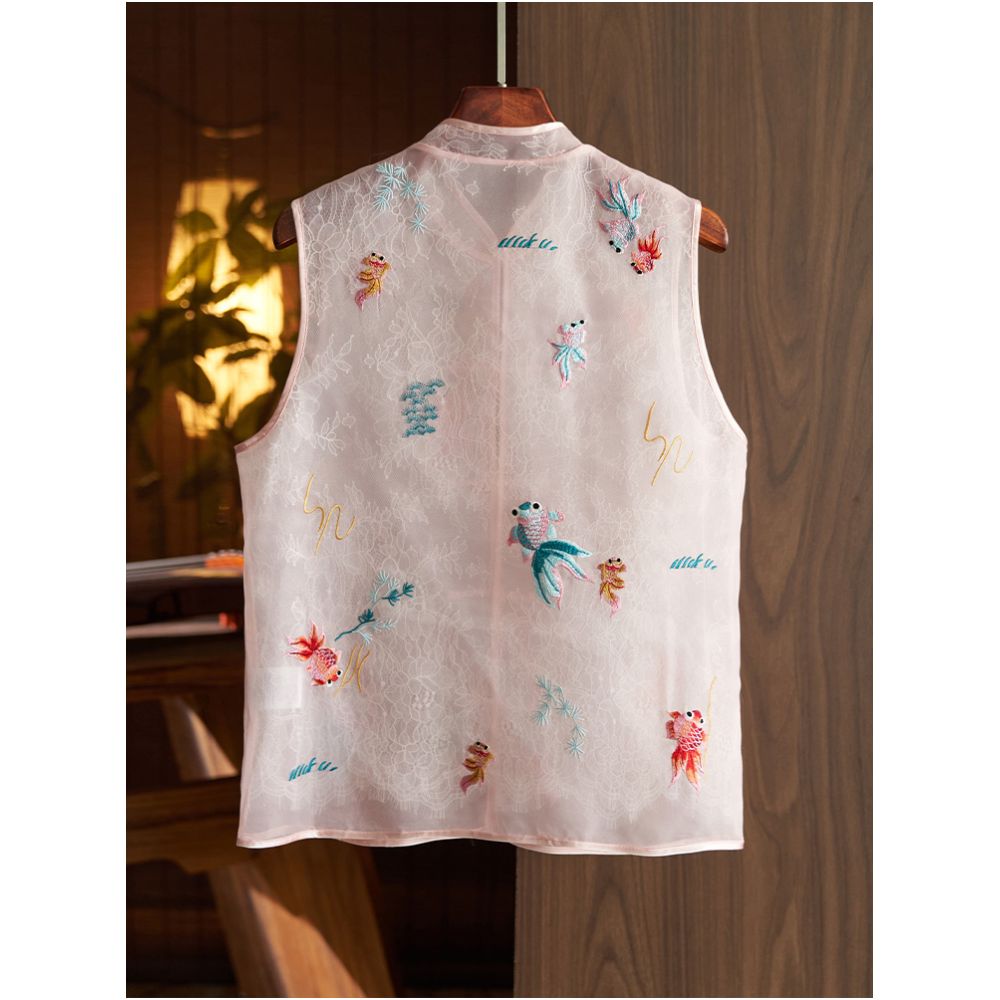 Silk organza vest vest high end women s summer new style light retro national style embroidery new Chinese style top image 4