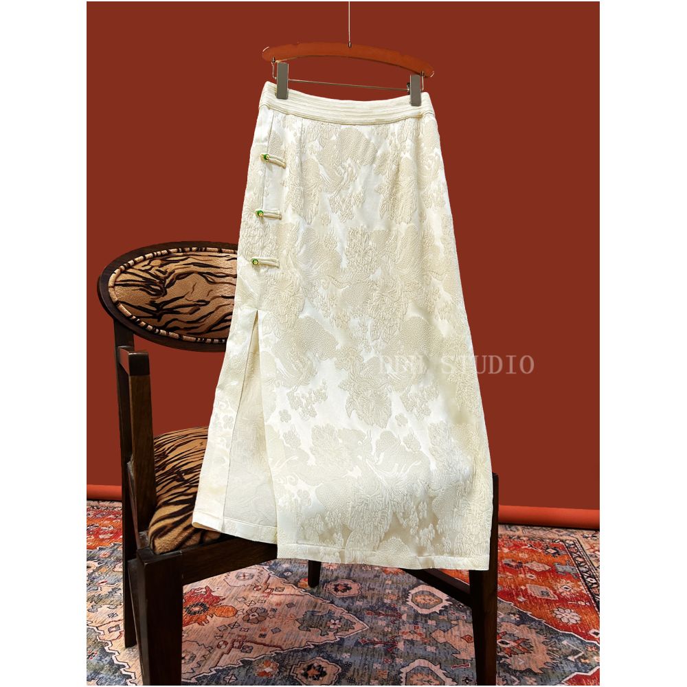 New Chinese national style acetic acid jacquard China Chic skirt women s thin back waist elastic side split button buttock wrap skirt image 21