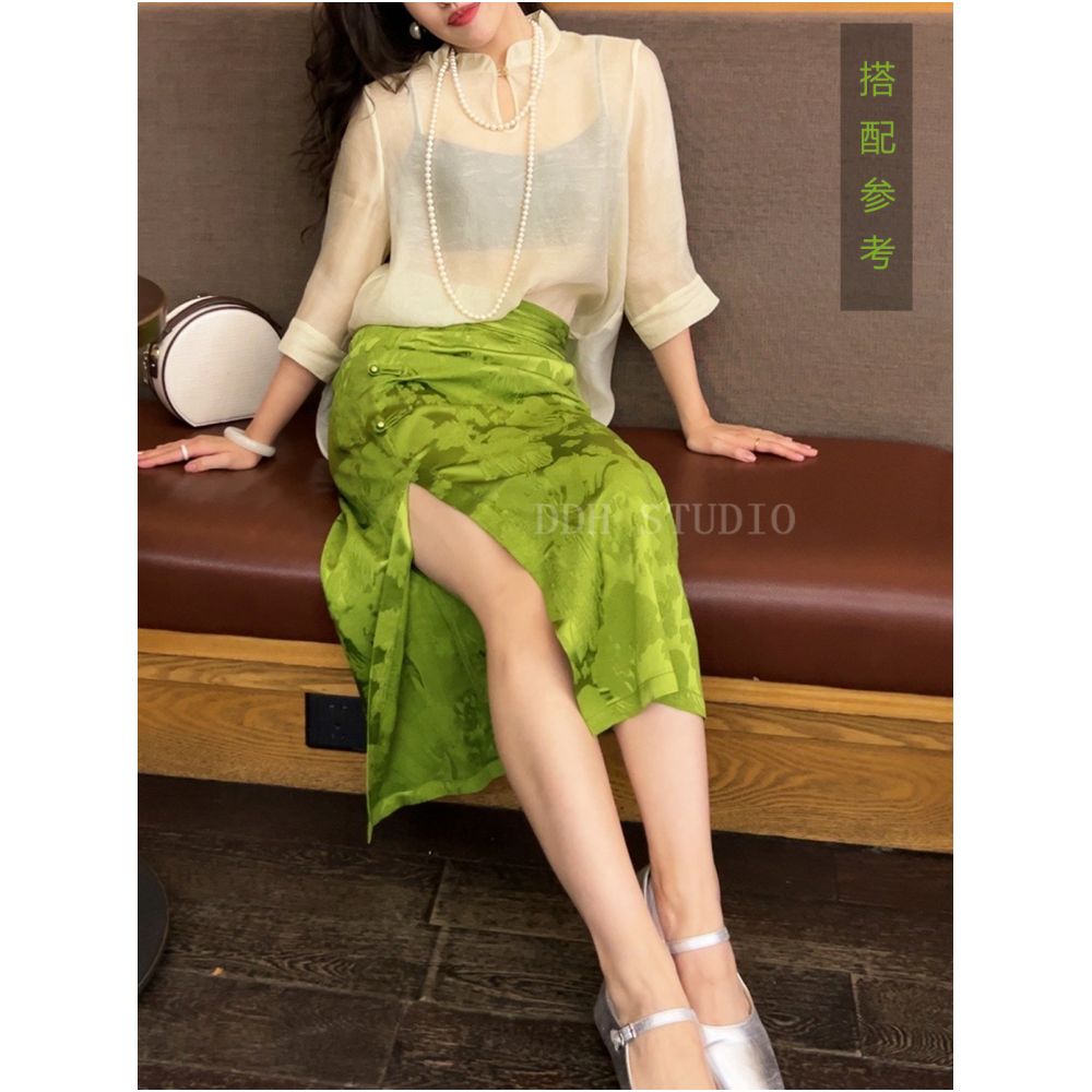 New Chinese national style acetic acid jacquard China Chic skirt women s thin back waist elastic side split button buttock wrap skirt image 29