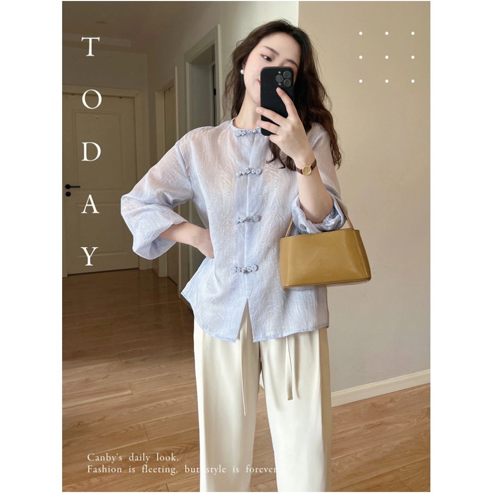 New Chinese style Chinese style top for women in the autumn and summer of 2025 with a high end feel and a retro base paired with a thin chiffon button up shirt image 2