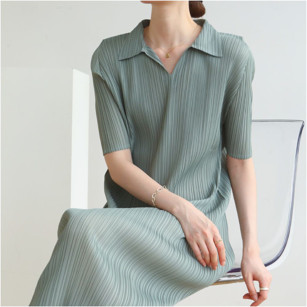 High temperature pleated manufacturer directly supplies new high end pleated ladies style commuting mid length collar dress with elegant temperament image 1