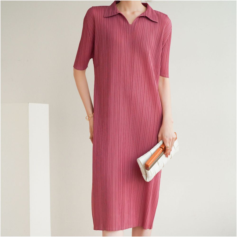 High temperature pleated manufacturer directly supplies new high end pleated ladies style commuting mid length collar dress with elegant temperament image 15