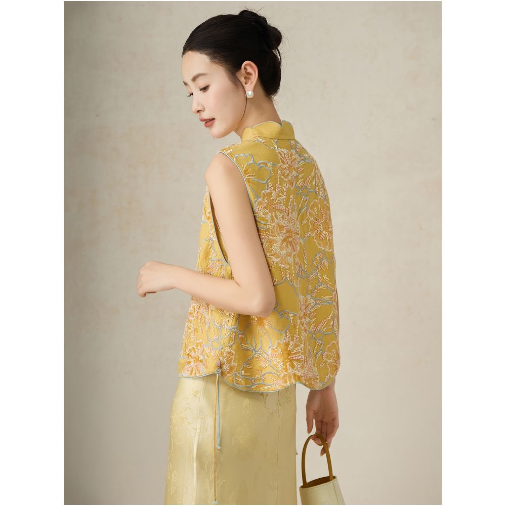 SHIBAI Shibai Evening Breeze Gardenia New Chinese style heavy vest embroidery beading design light luxury national style layered top image 1
