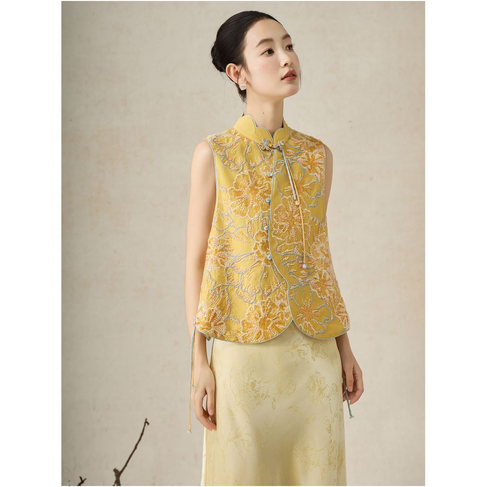 SHIBAI Shibai Evening Breeze Gardenia New Chinese style heavy vest embroidery beading design light luxury national style layered top image 2