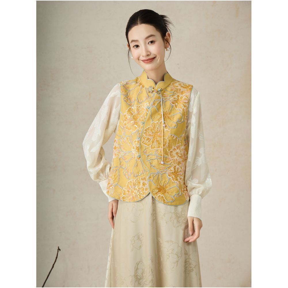SHIBAI Shibai Evening Breeze Gardenia New Chinese style heavy vest embroidery beading design light luxury national style layered top image 4
