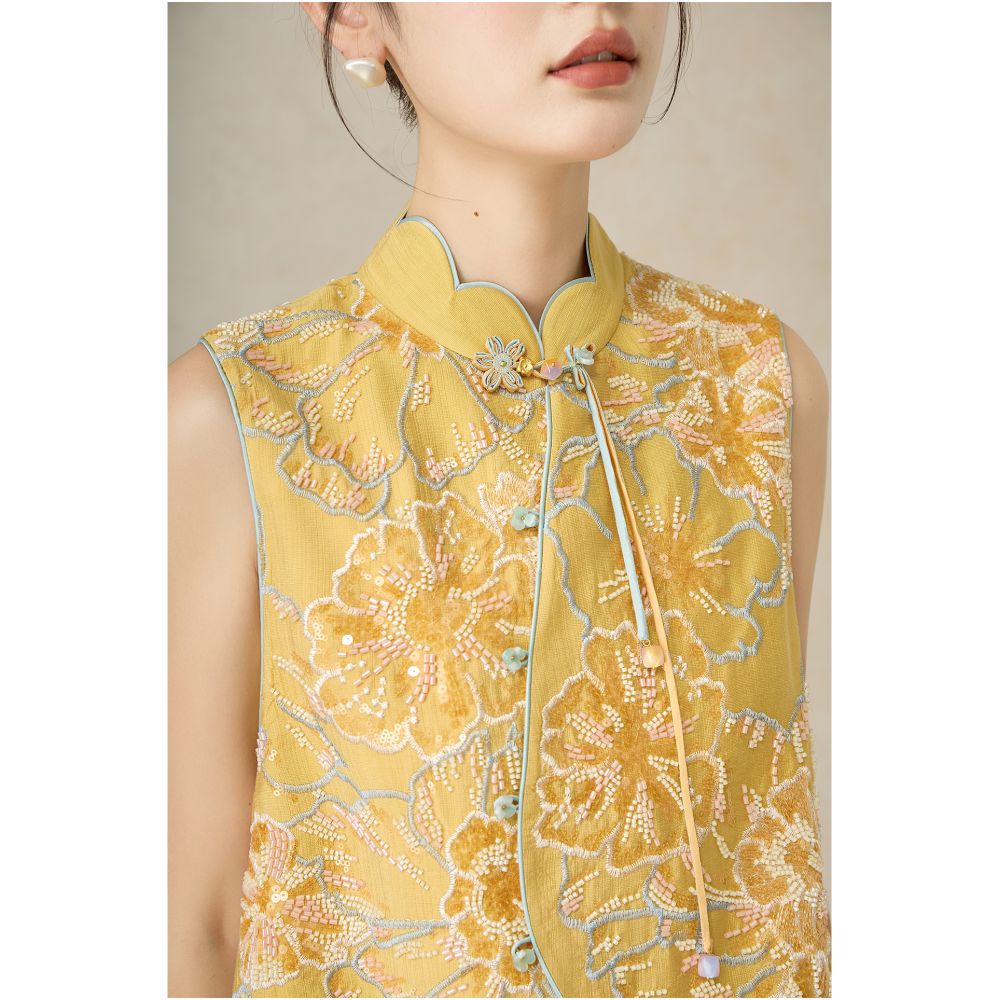 SHIBAI Shibai Evening Breeze Gardenia New Chinese style heavy vest embroidery beading design light luxury national style layered top image 5