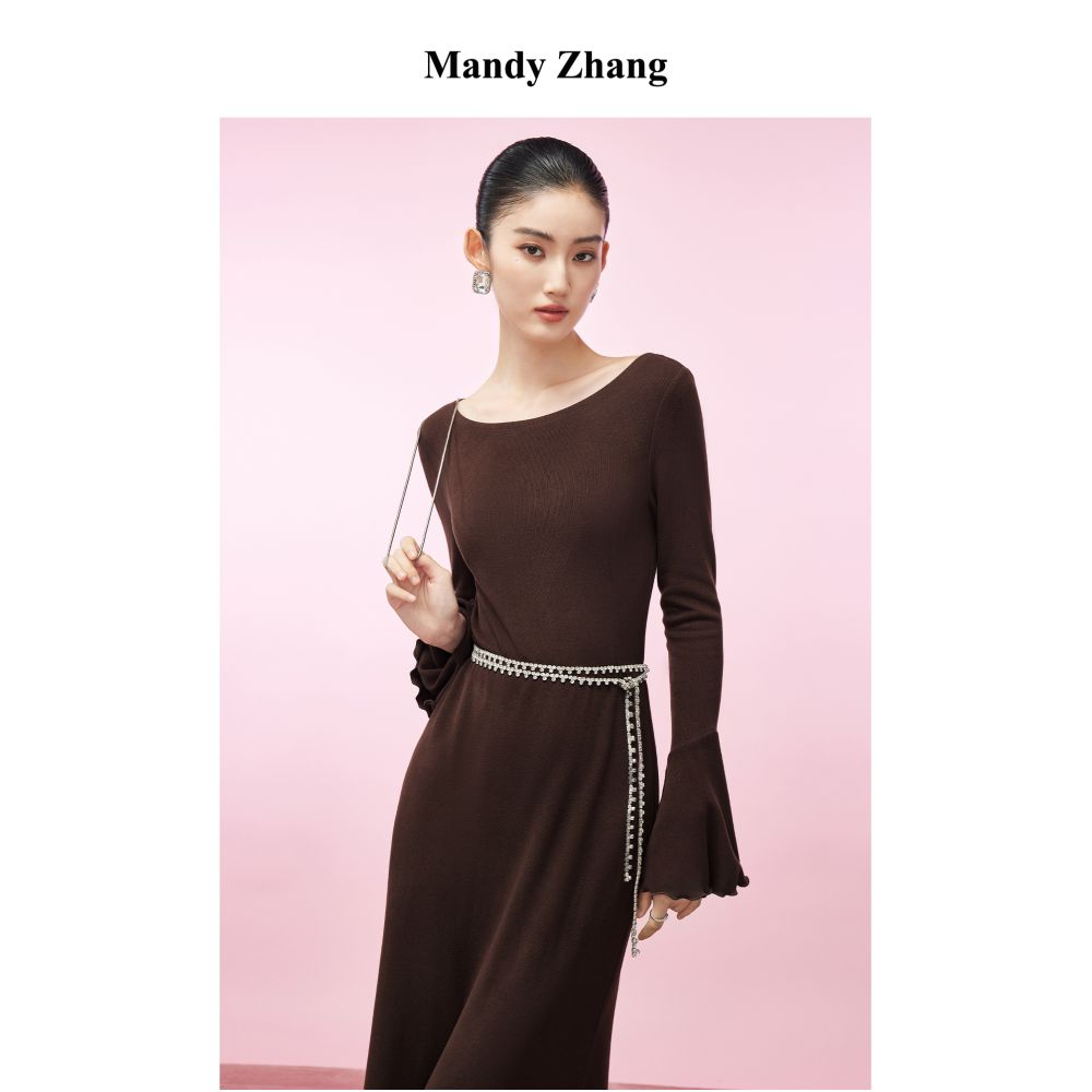 MandyZhang French Acetate Sheep Wool Brown Long Sleeve Knitted Dress for Women s Autumn and Winter Tailored Skirt with Fish Tail image 2