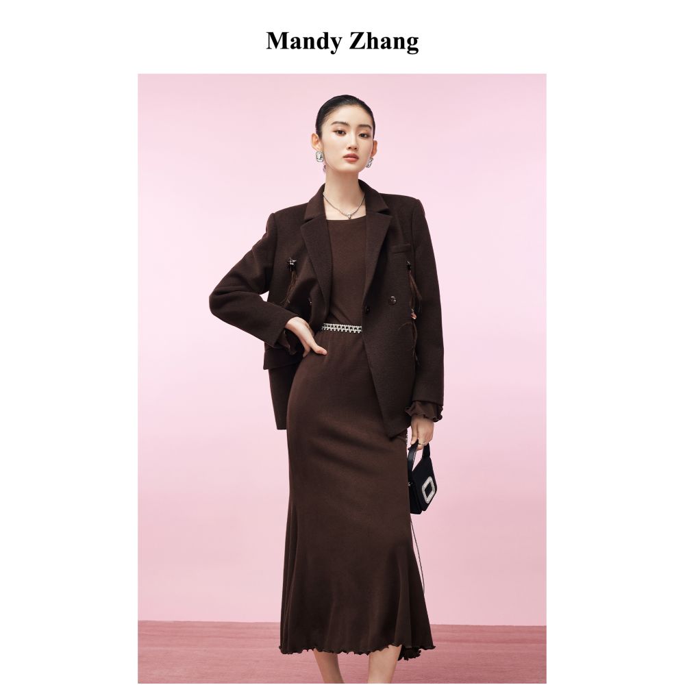 MandyZhang French Acetate Sheep Wool Brown Long Sleeve Knitted Dress for Women s Autumn and Winter Tailored Skirt with Fish Tail image 3