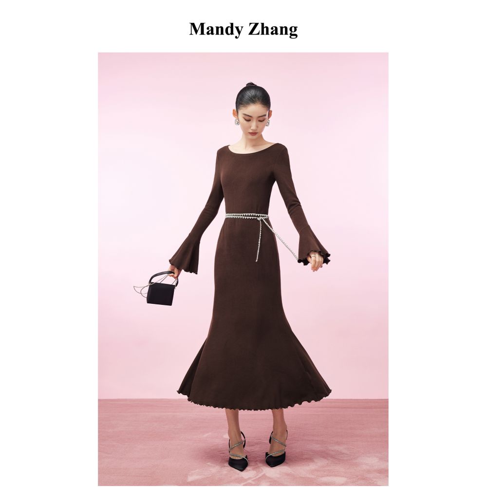 MandyZhang French Acetate Sheep Wool Brown Long Sleeve Knitted Dress for Women s Autumn and Winter Tailored Skirt with Fish Tail image 4