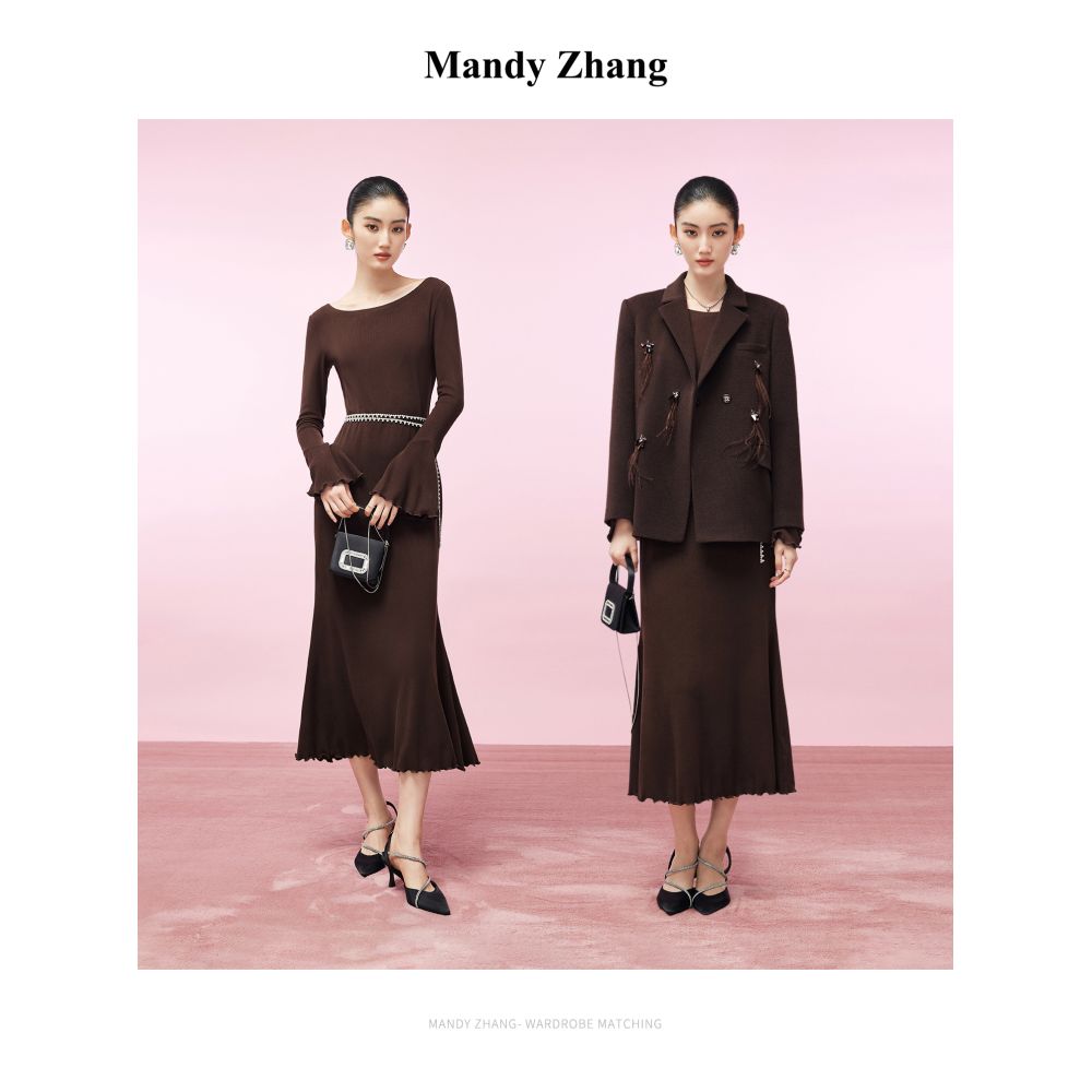 MandyZhang French Acetate Sheep Wool Brown Long Sleeve Knitted Dress for Women s Autumn and Winter Tailored Skirt with Fish Tail image 5