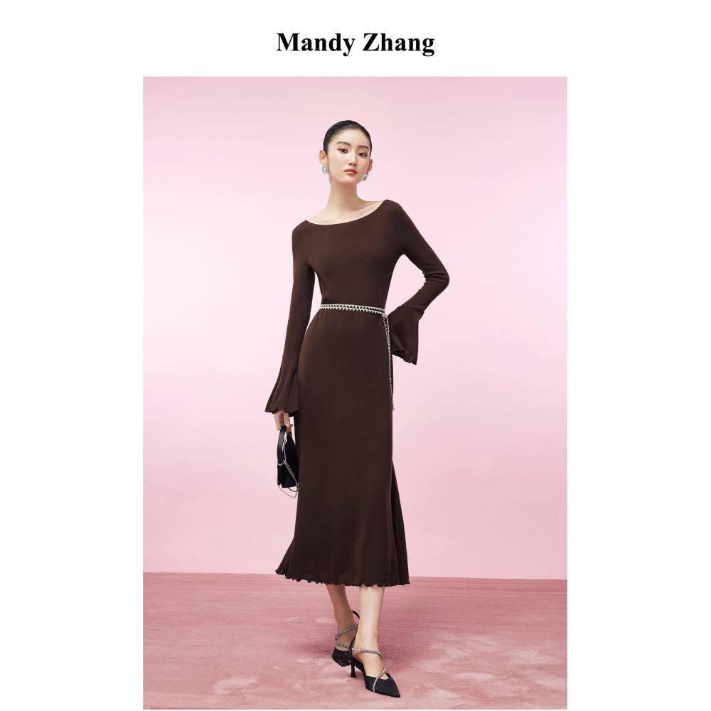MandyZhang French Acetate Sheep Wool Brown Long Sleeve Knitted Dress for Women s Autumn and Winter Tailored Skirt with Fish Tail image 0