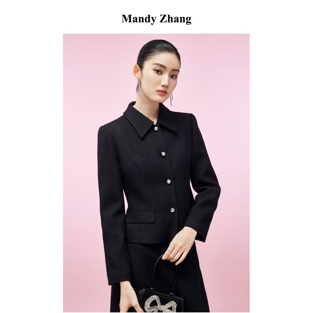 Mandy Zhang a wealthy heiress in black wool with a small fragrance style wearing a dress and a short jacket with a bow and waist for women in autumn and winter image 2