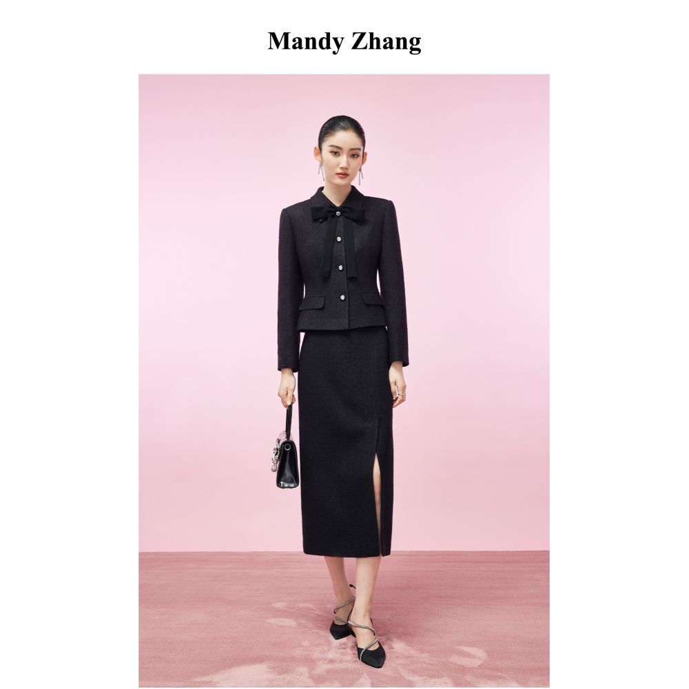 Mandy Zhang a wealthy heiress in black wool with a small fragrance style wearing a dress and a short jacket with a bow and waist for women in autumn and winter image 3
