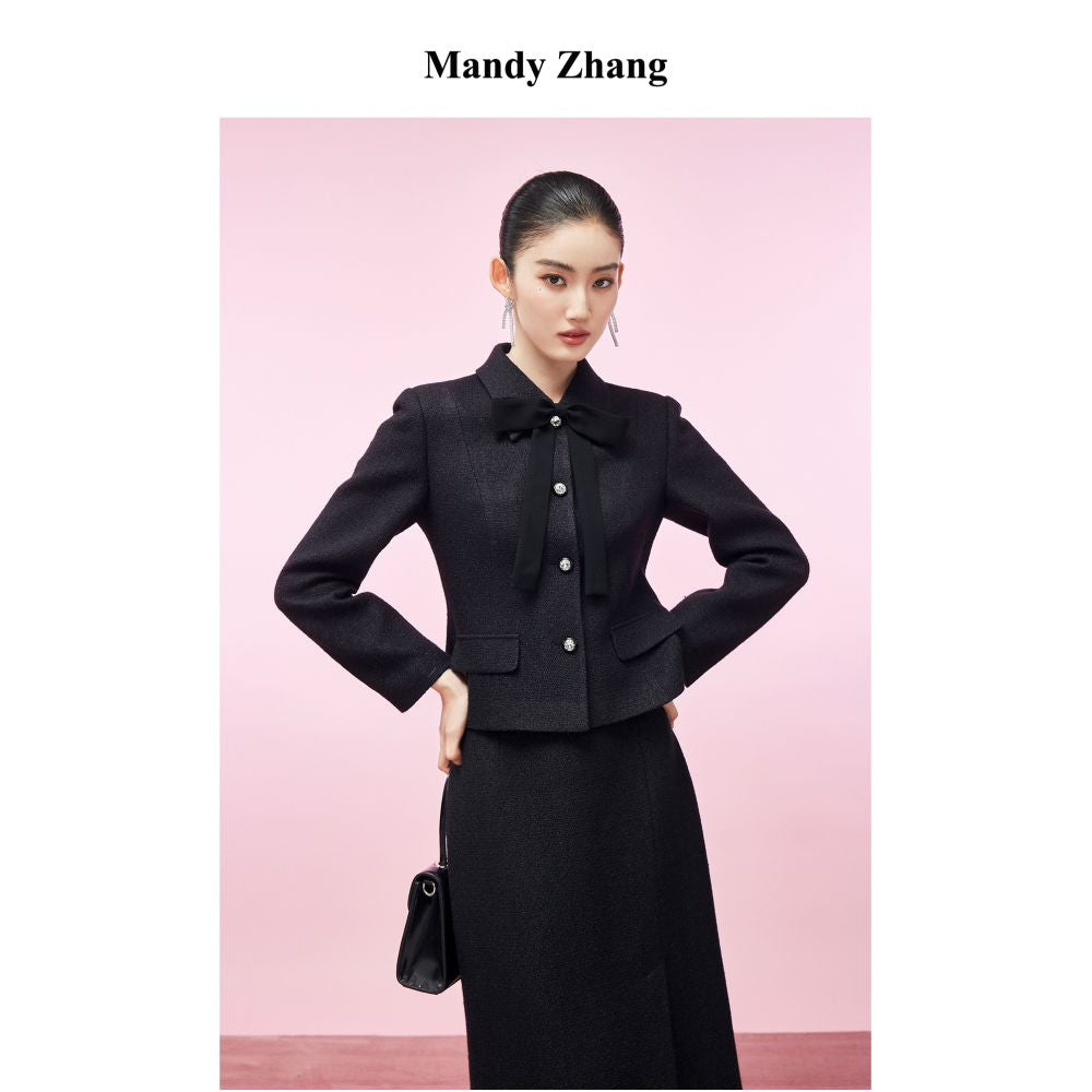 Mandy Zhang a wealthy heiress in black wool with a small fragrance style wearing a dress and a short jacket with a bow and waist for women in autumn and winter image 4