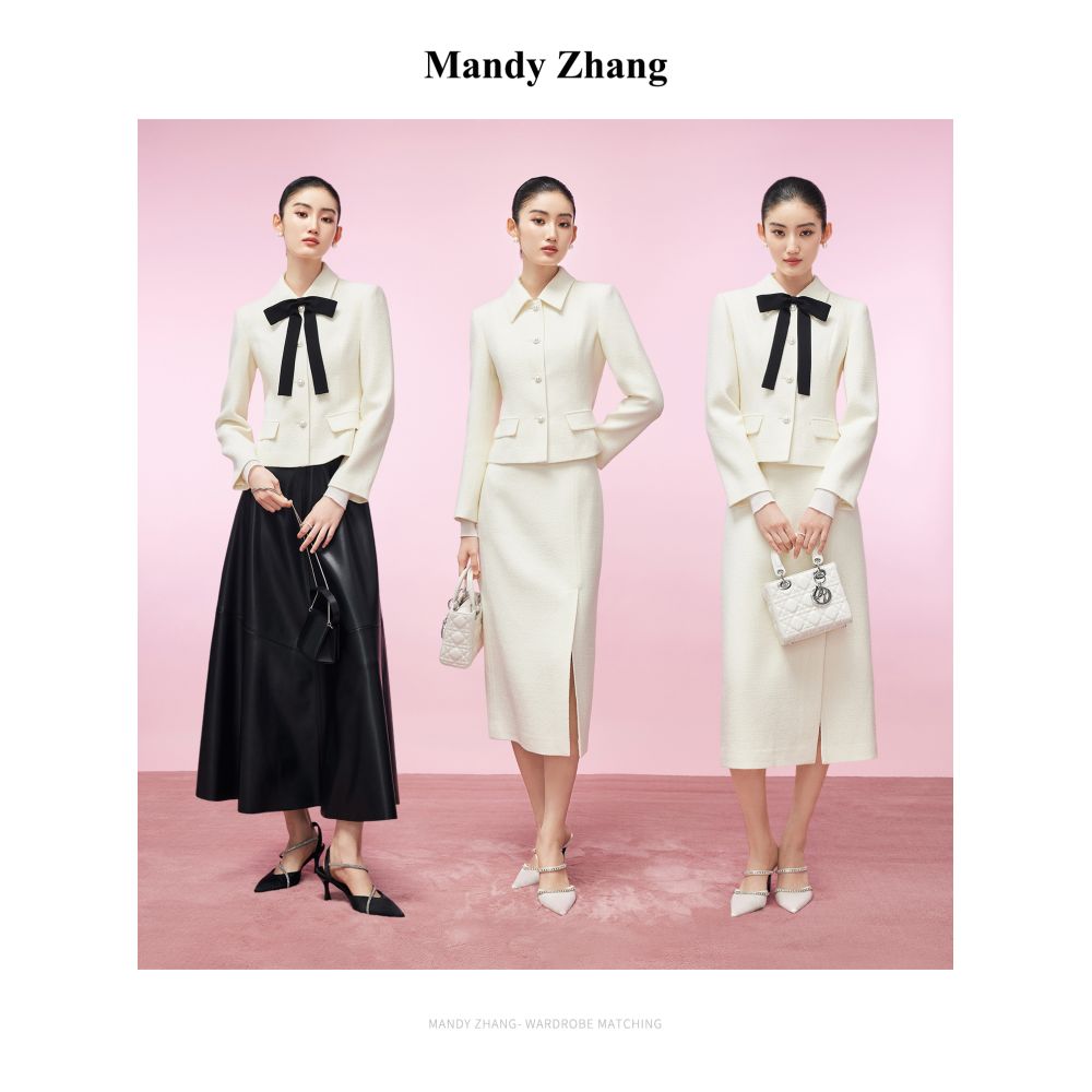 Mandy Zhang a wealthy heiress in black wool with a small fragrance style wearing a dress and a short jacket with a bow and waist for women in autumn and winter image 5