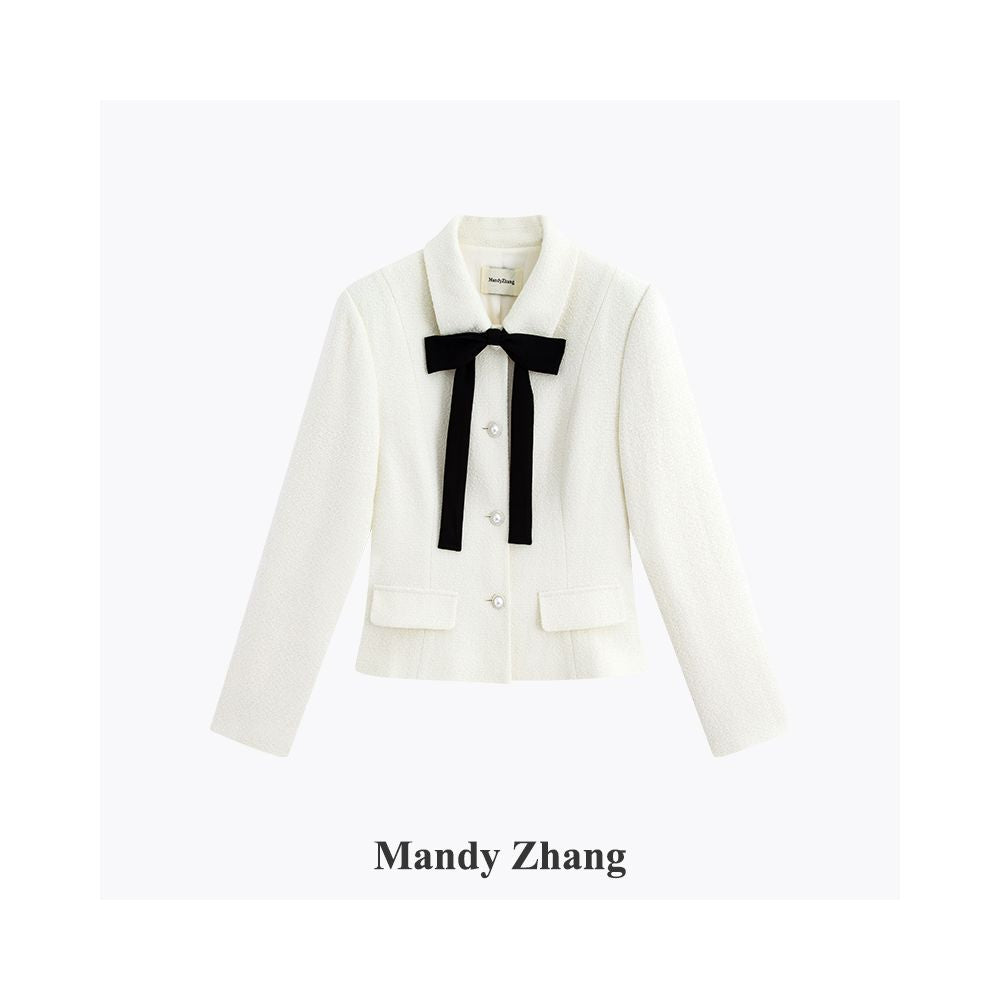 Mandy Zhang a wealthy heiress in black wool with a small fragrance style wearing a dress and a short jacket with a bow and waist for women in autumn and winter image 14