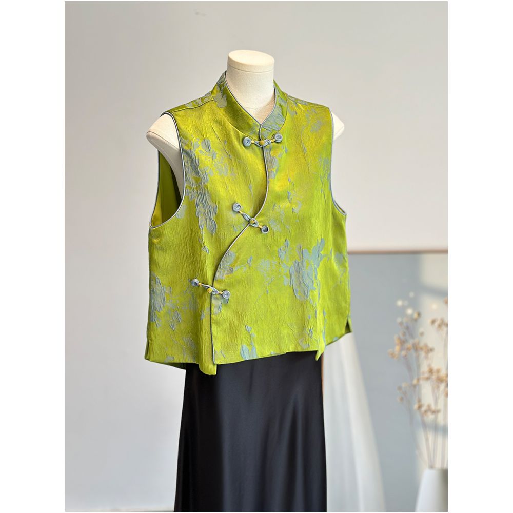 Green new Chinese style vest for young women satin jacquard improved vest worn for reducing age Chinese style high end Tang style image 2