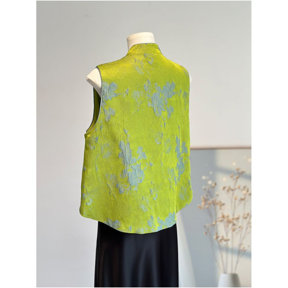 Green new Chinese style vest for young women satin jacquard improved vest worn for reducing age Chinese style high end Tang style image 3