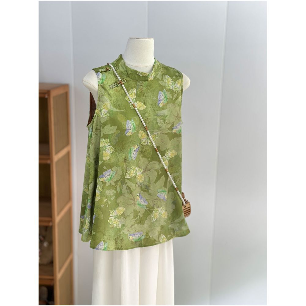 Advanced green sleeveless vest top women s thin design new Chinese style simulation silk fragrant cloud yarn young version Audemars Piguet vest image 2
