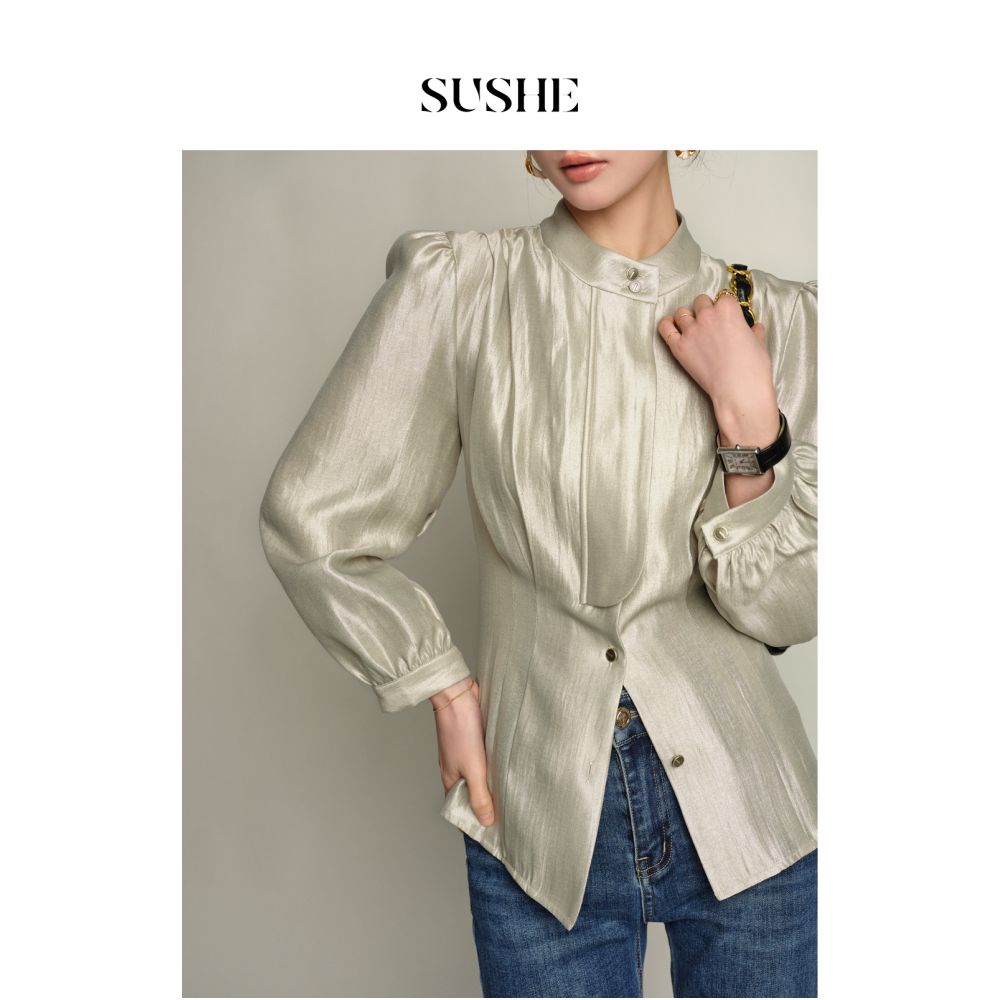 Shuxi SUSHE Gilded Retro New Style New Chinese Style Stand up Collar Loose Fine Folded Waist Tight Fit Shirt for Women Autumn image 2