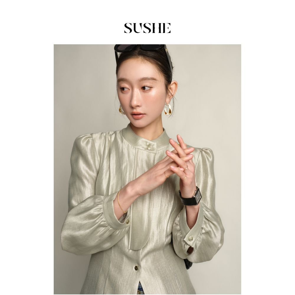 Shuxi SUSHE Gilded Retro New Style New Chinese Style Stand up Collar Loose Fine Folded Waist Tight Fit Shirt for Women Autumn image 3
