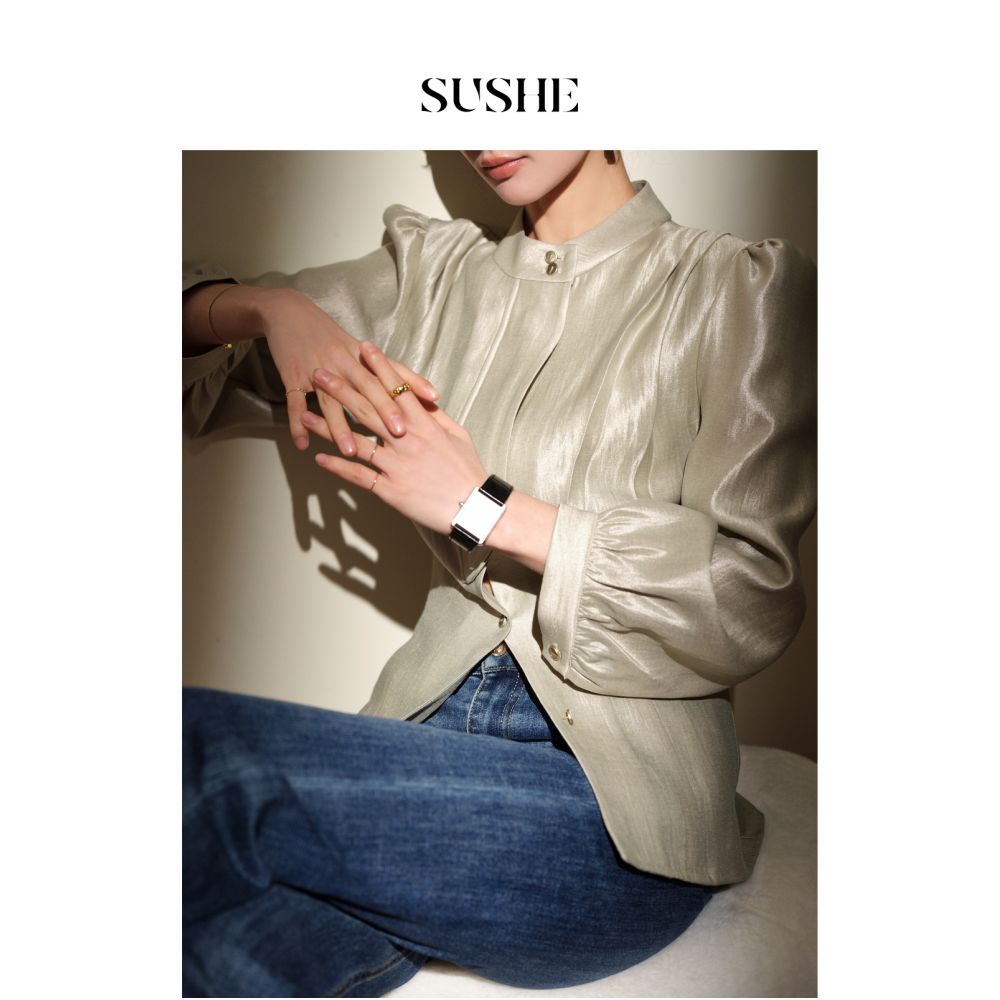 Shuxi SUSHE Gilded Retro New Style New Chinese Style Stand up Collar Loose Fine Folded Waist Tight Fit Shirt for Women Autumn image 4