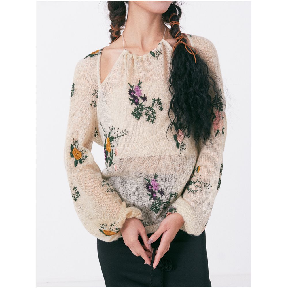 SISH seems to be a new Chinese style hanging neck camisole embroidered top long sleeved T shirt mohair blend with strapless image 2