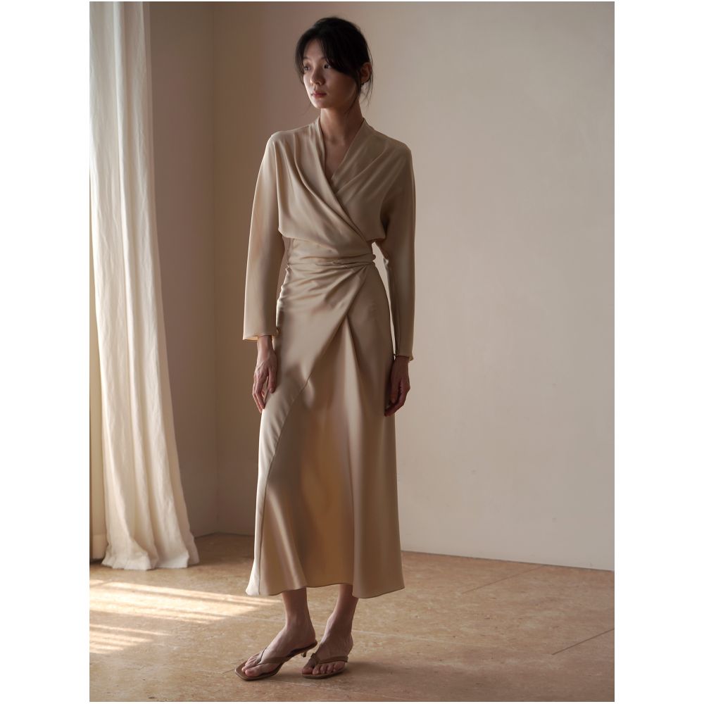 commuse memory mulberry silk double joe asymmetric cut wrap lace bias cut long sleeve dress image 1