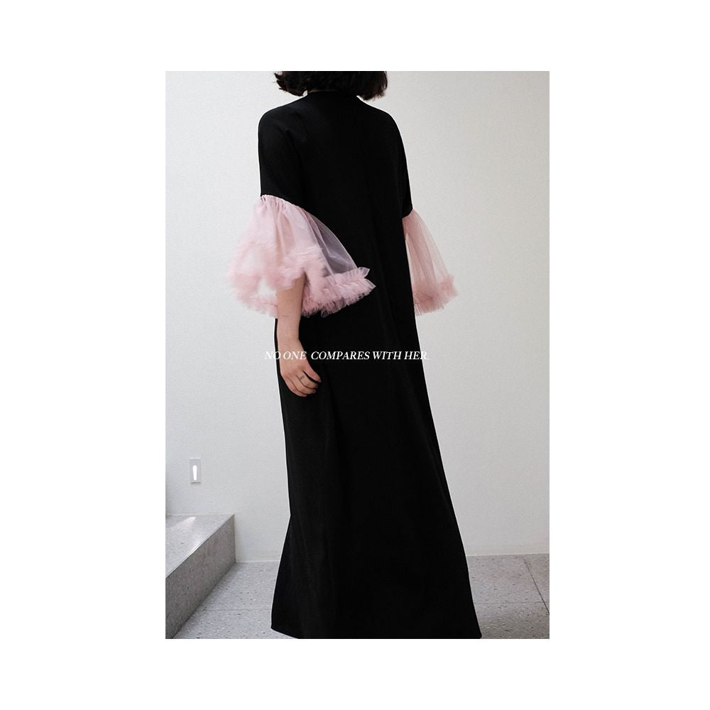 Original niche design with petal slimming splicing contrasting color mesh loose small dress super long dress image 2