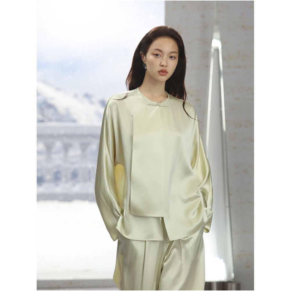 COMMON VALUE Imported Customized Acetic Acid Shirt Women s Minimalist Chinese Improved Slant Top image 1