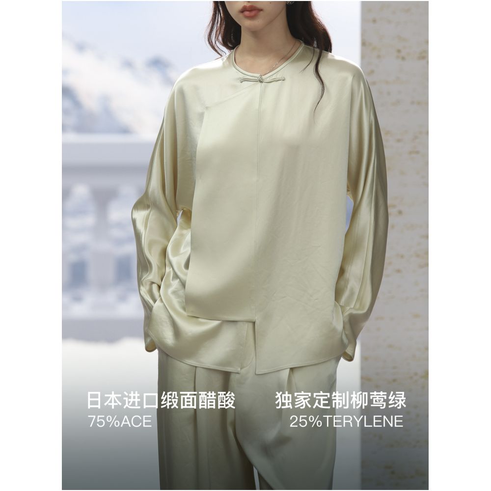 COMMON VALUE Imported Customized Acetic Acid Shirt Women s Minimalist Chinese Improved Slant Top image 3