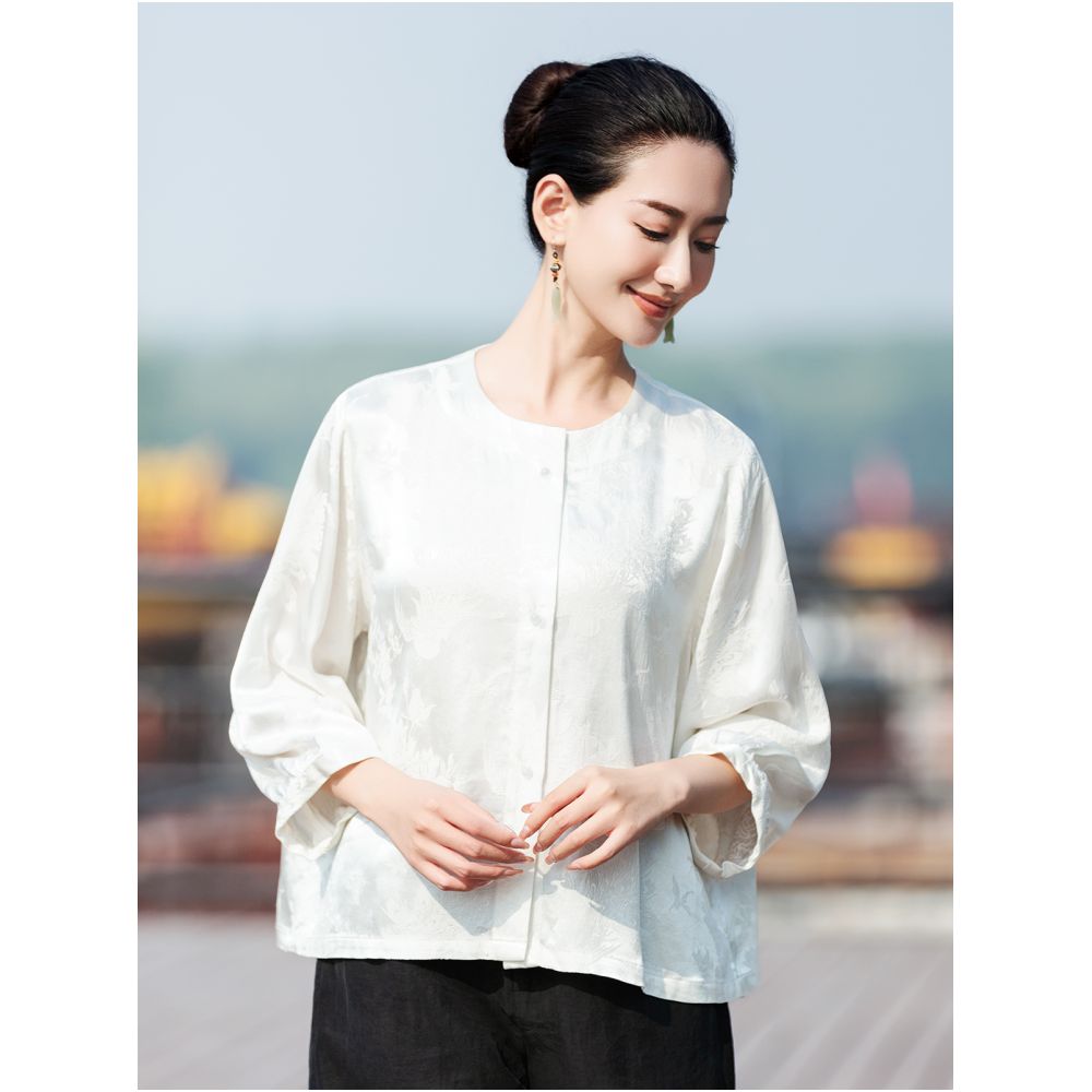 Qinsi Light Jacquard satin light Chinese style top for women Spring and summer round neck loose three quarter sleeve shirt bottom image 0