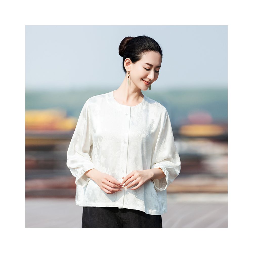 ASAYA1841 Jacquard satin light Chinese top Women's spring/summer crewneck loose quarter-sleeved shirt