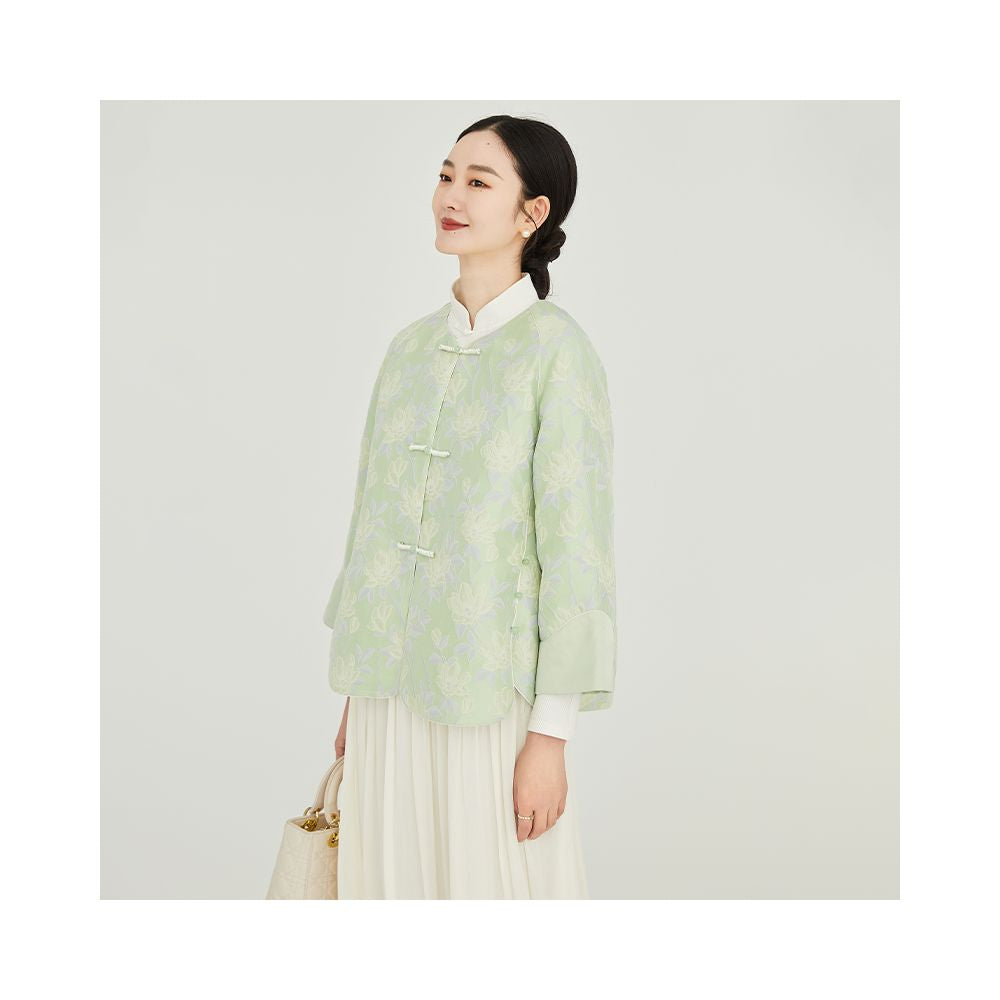 ASAYA1829 Fuyuntang Ya" refreshing. Chinese buckle print short coat women's 23 spring temperament green zen zen suit