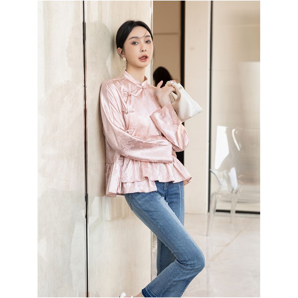 Pink trendy age reducing Chinese style shirt for women with a design and temperament improvement featuring a new Chinese style buckle cheongsam top trend image 2