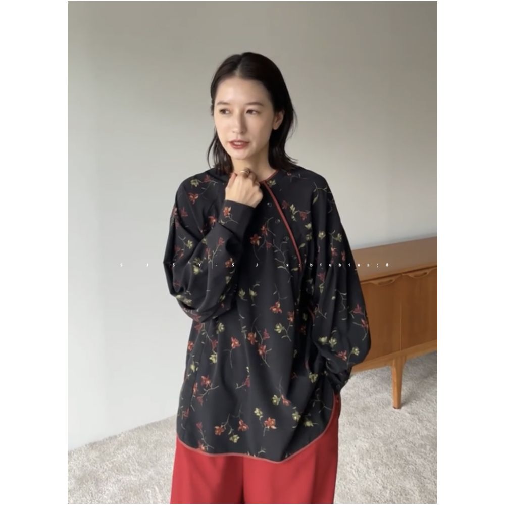 Special Offer Reward for Vitality Girl Solo Chinese Slant Button Round Neck Shirt Lantern Sleeves Sweet Casual Flower Top for Women image 12