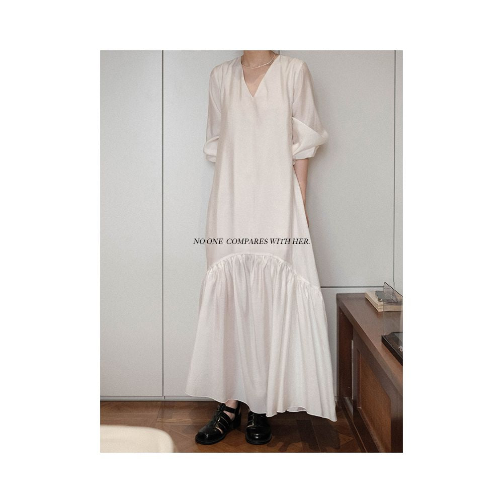 The first female to collaborate with her original niche design of Spring and Autumn French Fairy Shirt Knowledge V neck loose long sleeved dress image 2
