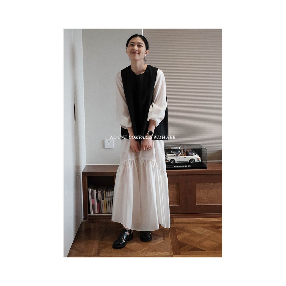The first female to collaborate with her original niche design of Spring and Autumn French Fairy Shirt Knowledge V neck loose long sleeved dress image 3