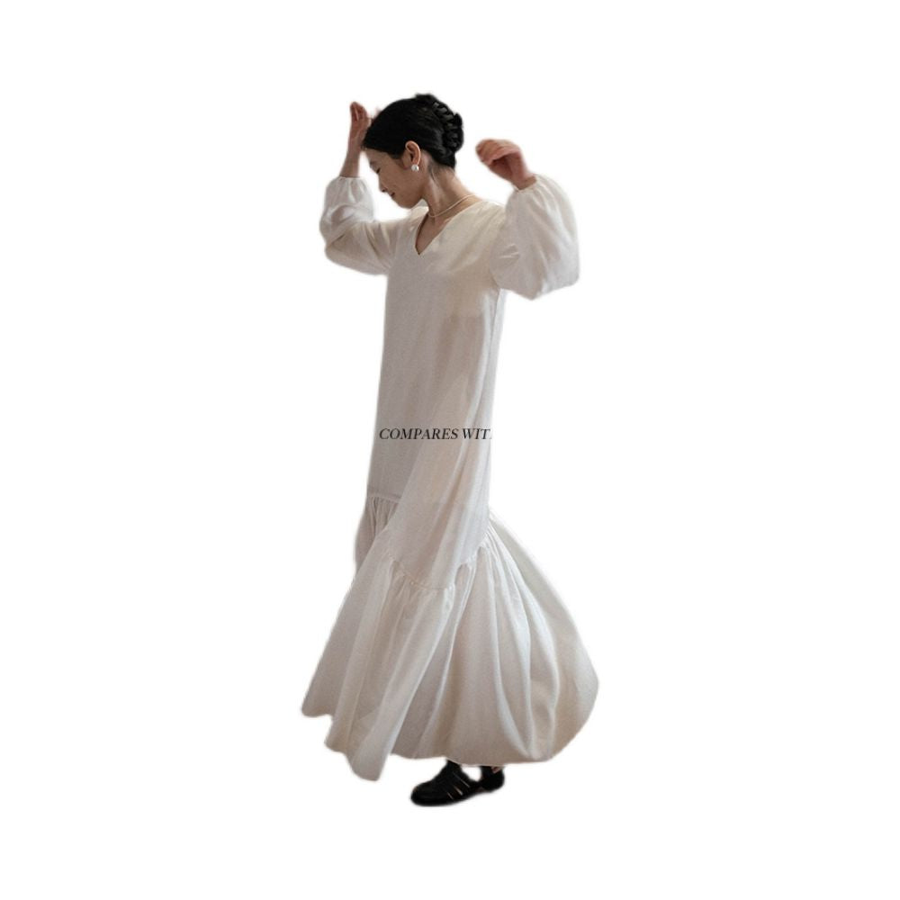 The first female to collaborate with her original niche design of Spring and Autumn French Fairy Shirt Knowledge V neck loose long sleeved dress image 5