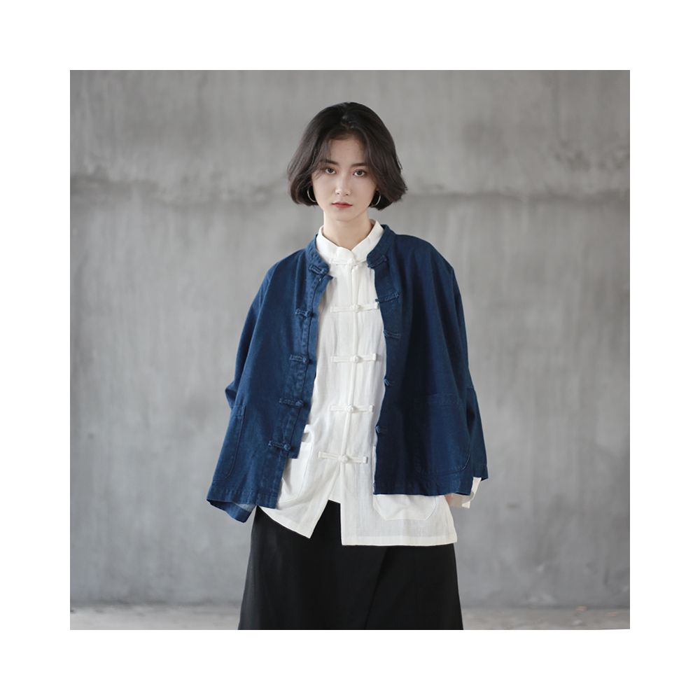 Spring Chinese style denim short jacket for women retro nine quarter sleeve buttoned cardigan stand up collar loose batwing sleeves and cardigan top image 3