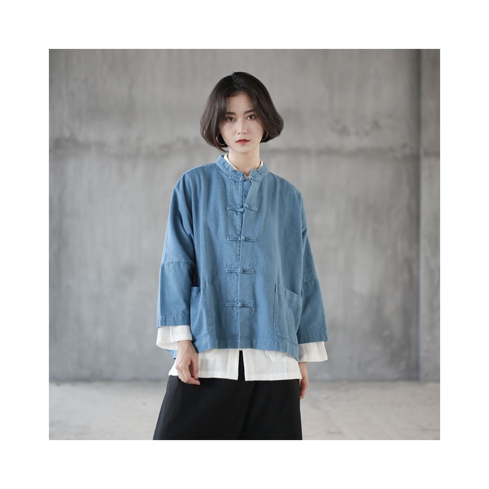 Spring Chinese style denim short jacket for women retro nine quarter sleeve buttoned cardigan stand up collar loose batwing sleeves and cardigan top image 4
