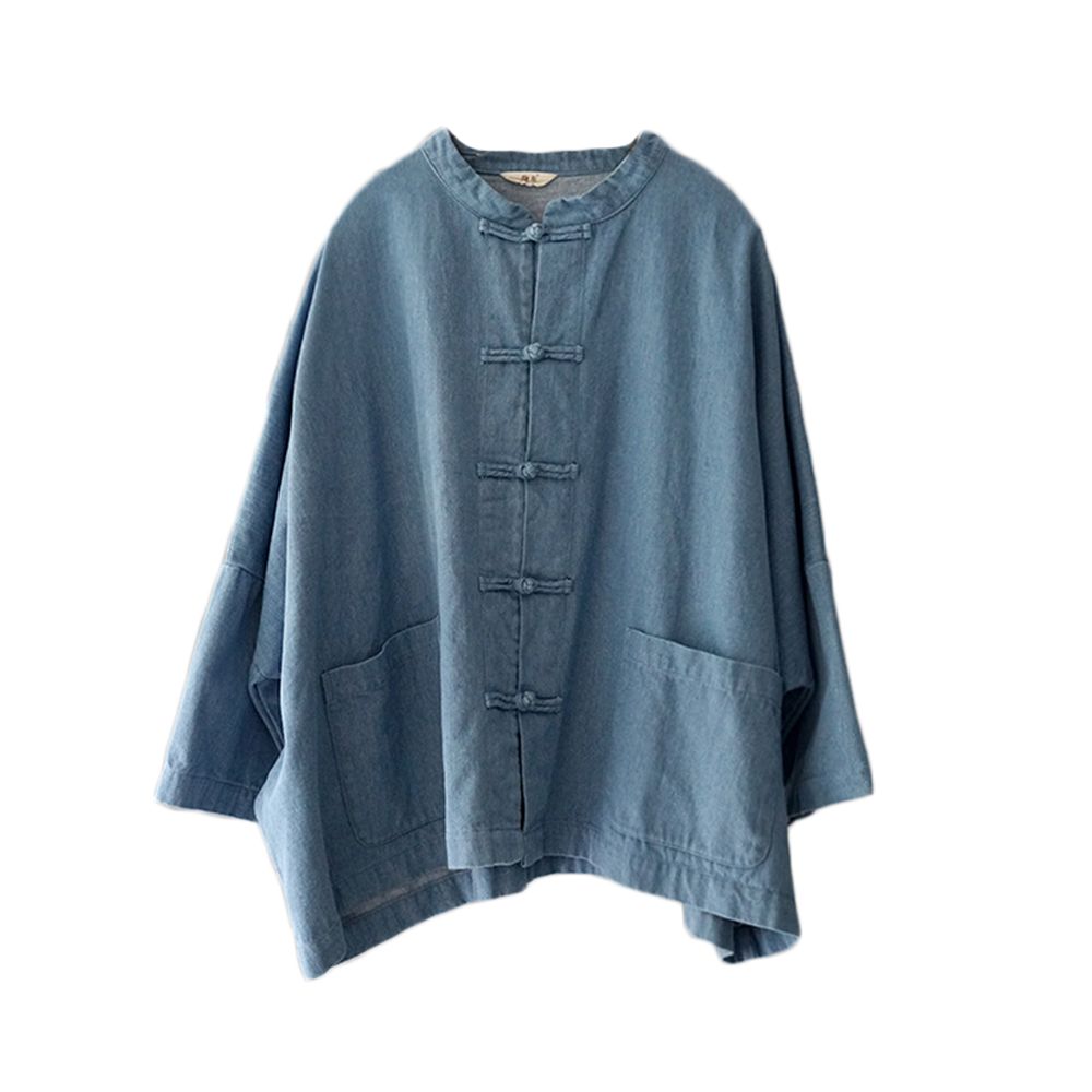 Spring Chinese style denim short jacket for women retro nine quarter sleeve buttoned cardigan stand up collar loose batwing sleeves and cardigan top image 5