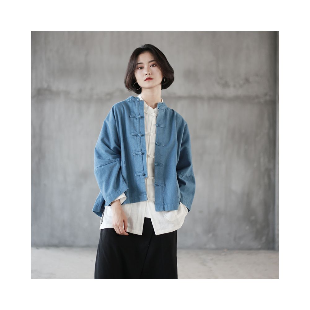 Spring Chinese style denim short jacket for women retro nine quarter sleeve buttoned cardigan stand up collar loose batwing sleeves and cardigan top image 0