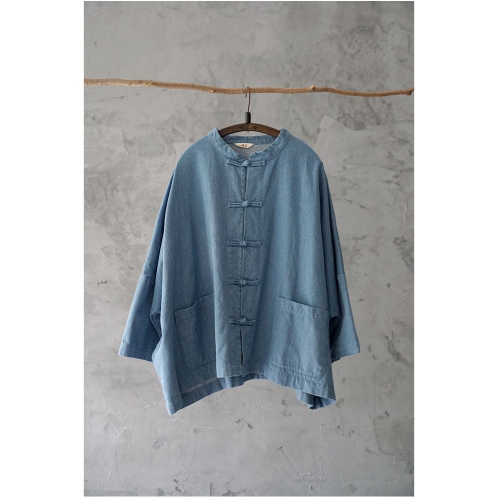 Spring Chinese style denim short jacket for women retro nine quarter sleeve buttoned cardigan stand up collar loose batwing sleeves and cardigan top image 8