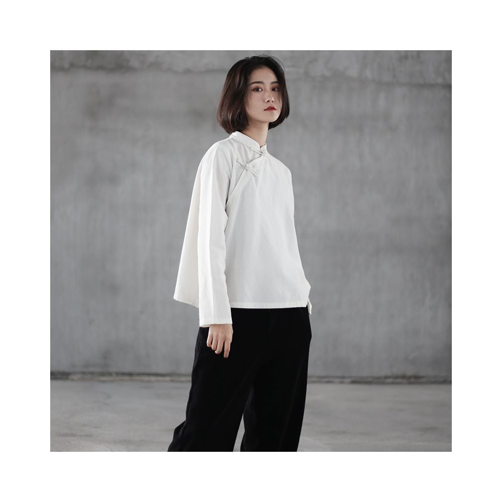 Chinese style cotton and linen button up shirt women s standing collar slanted collar long sleeved tea suit retro base white shirt Zen style pullover top image 2