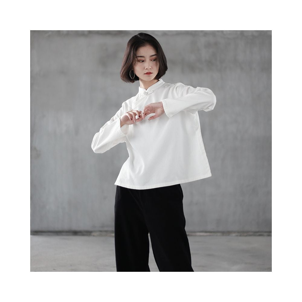 Chinese style cotton and linen button up shirt women s standing collar slanted collar long sleeved tea suit retro base white shirt Zen style pullover top image 3