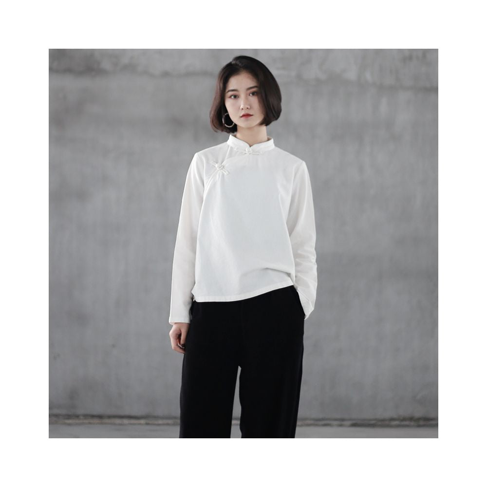 Chinese style cotton and linen button up shirt women s standing collar slanted collar long sleeved tea suit retro base white shirt Zen style pullover top image 4