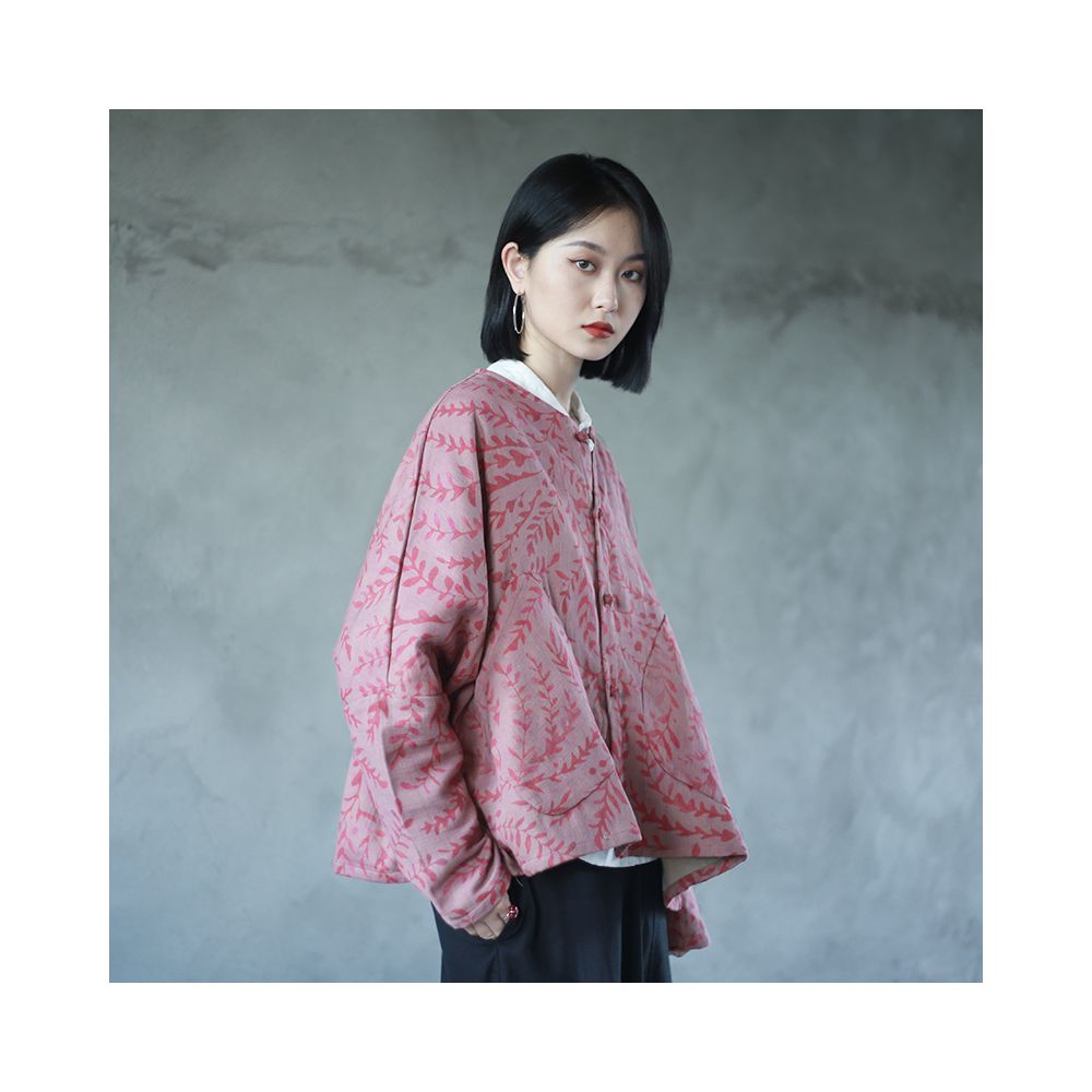 ASAYA1797Spring art cotton and linen print short coat, round neck, long sleeves, loose cardigan, vintage large pockets, contrast top
